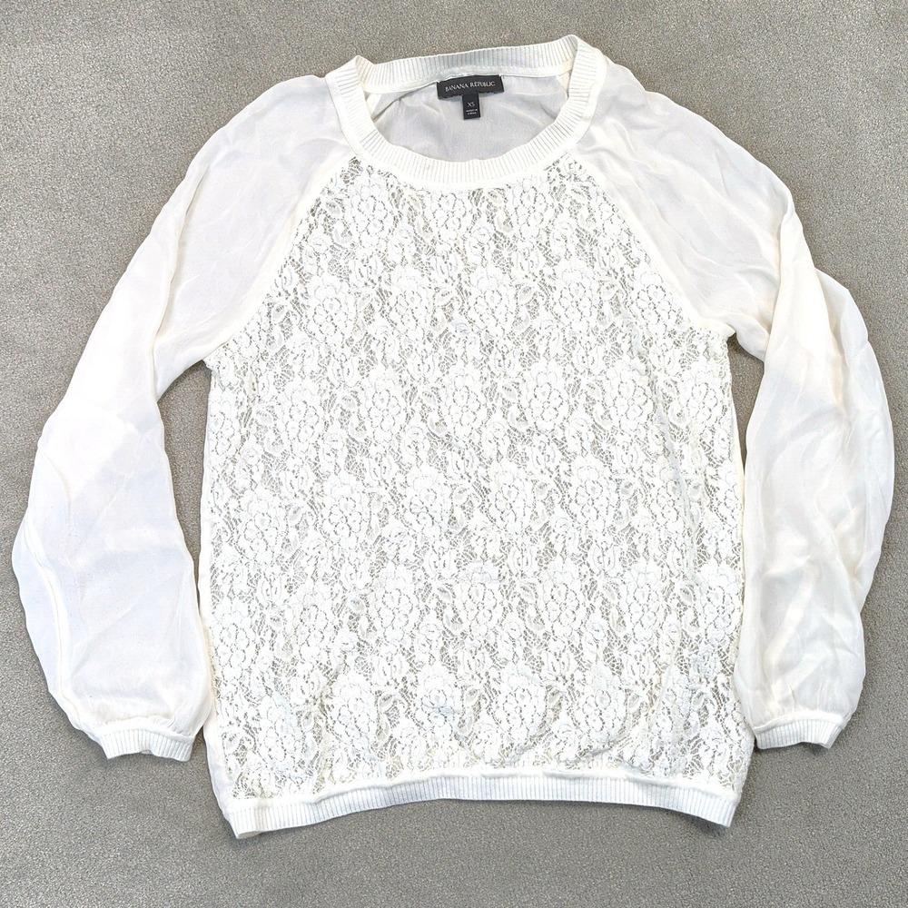 Banana Republic Lace Front Sweater Womens XS White Long Sleeve Mixed Media Top